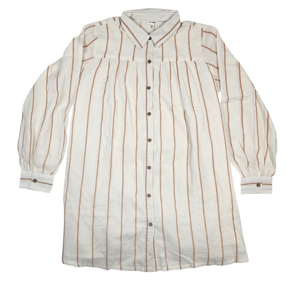 En Creme Striped Gauze Tunic Dress Womens Small TanWhite Long Sleeve Button Down